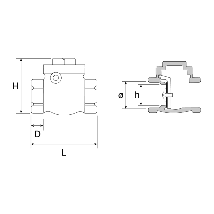 Swing check valve with rubber seat - technical drawing